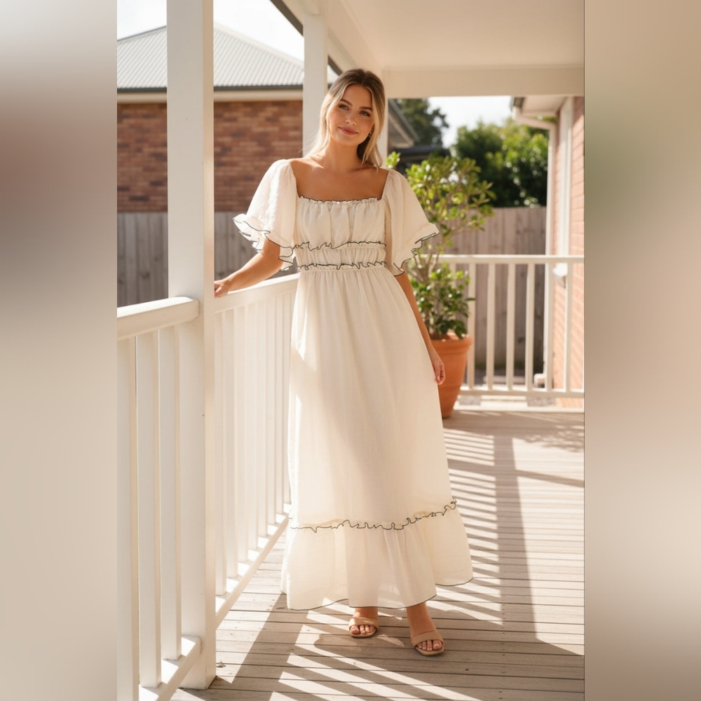 Flutter Sleeve Ruffled Empire Waist Square Neck Contrast Trim Tiered Maxi Dress
